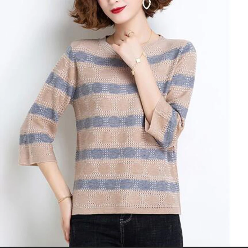 spring autumn Korean style ice silk striped print loose sweater women 3/4 sleeve casual fashion knitting pullover female clothes