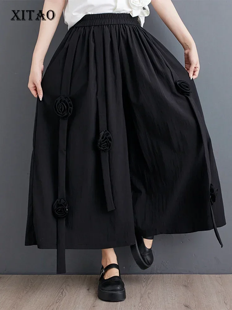 

XITAO Casual Wide Leg Pants Fashion Three-dimensional Flower Decoration Splicing Loose Women Pants 2025 Summer New LYD1891
