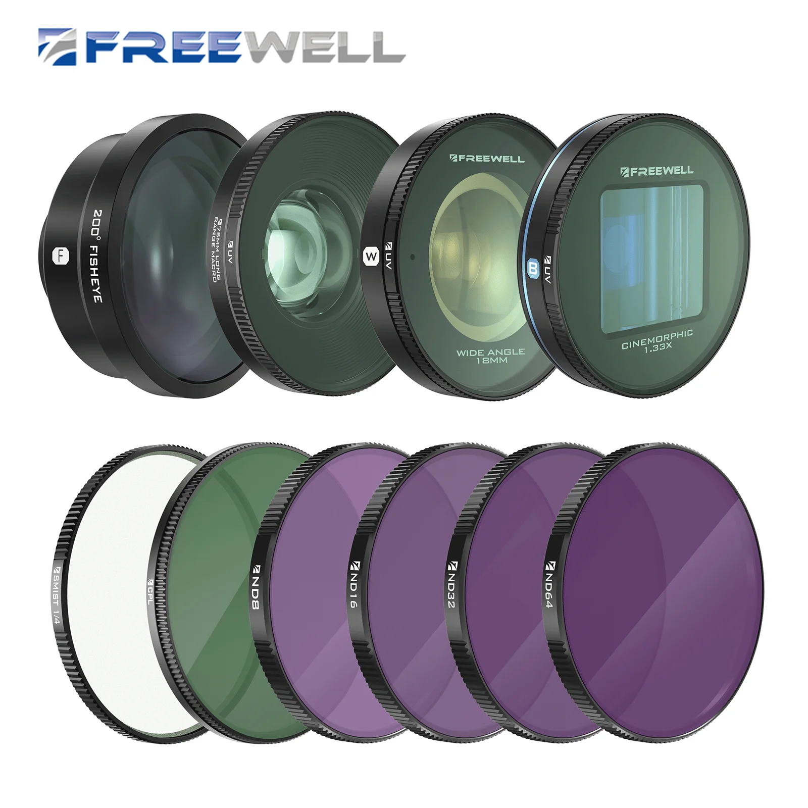 

Freewell Sherpa Lens Mega Pro Anamorphic Lens 1.33 or 1.55 of Blue/Gold, Wide Angle, Long Range Macro Lens, UV with Filter Kit