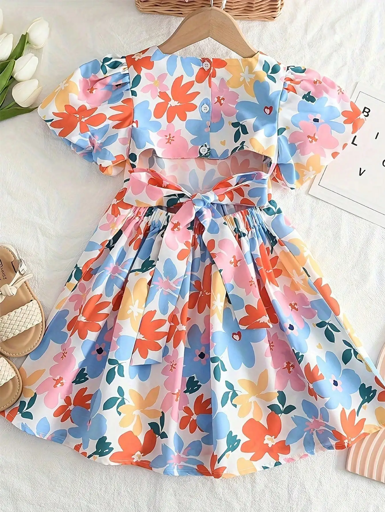 2026 Süßes Lässiges Sommer-Party-Geschenk für Mädchen Blumenmuster Schleife Quadratischer Kragen Dekoratives Kurzarm-Mädchenkleid – Detail 4