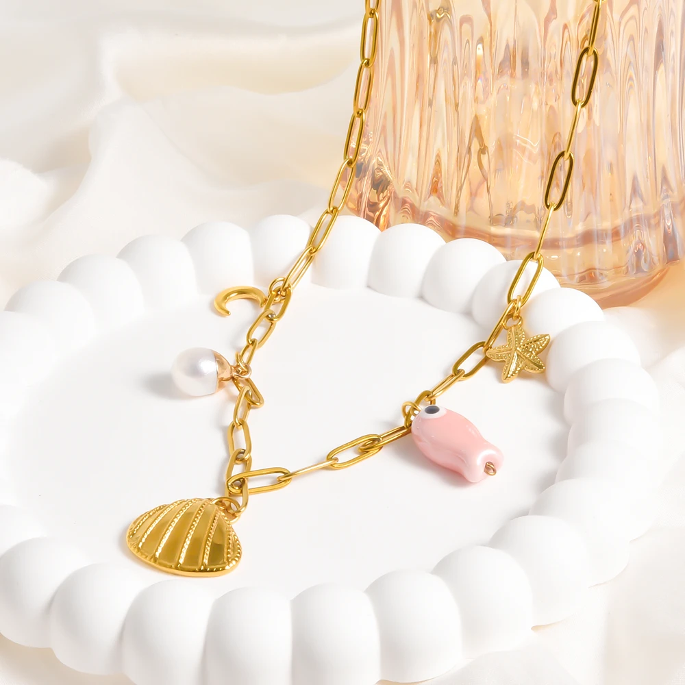Personality Stainless Steel Natural Pearl Shell Ceramic Fish Starfish Moon Chic Necklace No Fade Collares Mujer Accessories Gift
