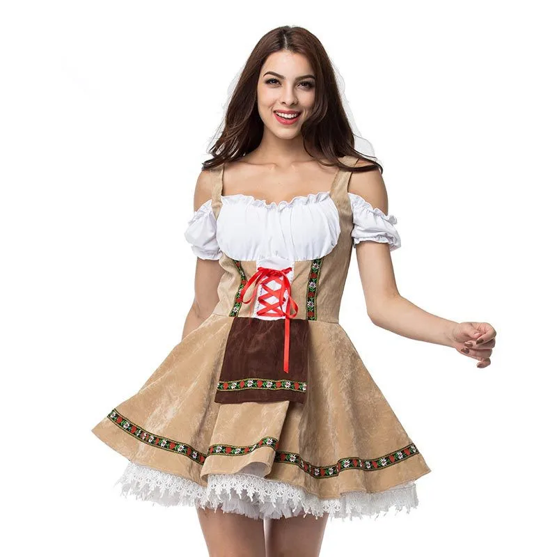 Lady khaki German Oktoberfest Costume Traditional Bavarian Dirndl Dress Beer Girl Cosplay Carnival Halloween Fancy Party Outfit