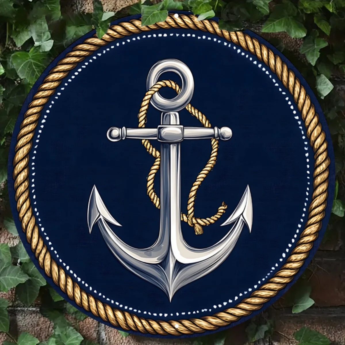 [2D Flat] 1pc 2D Flat Navy Blue Anchor and Rope Print Pattern Classic Round Metal Logo | Aluminum Material, Suitable for Living