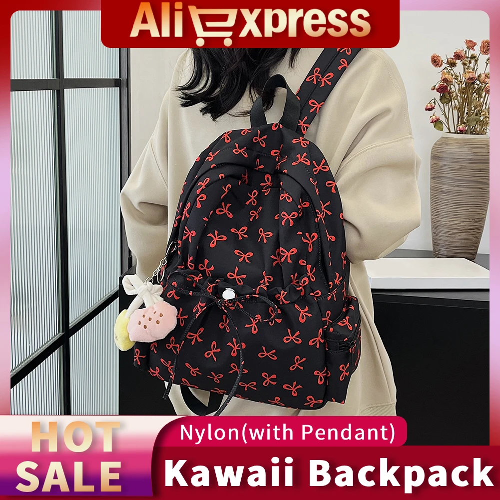 

Bow Print Backpack for Women School Bag Nylon Multi Pockets Laptop Bag Daypack With Pendant Girls Bookbag for Travel Work School