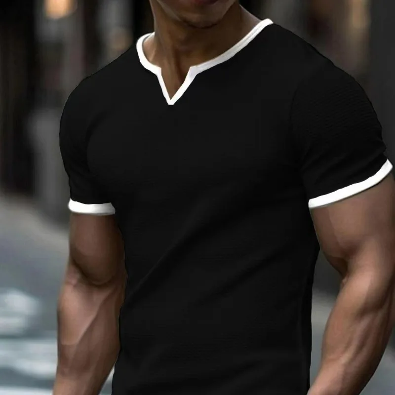 2024 Summer New V-neck Trendy Fashion American Street Solid Short Sleeve T-shirt Men\'s Casual Loose Sports Quick Drying Thin Top