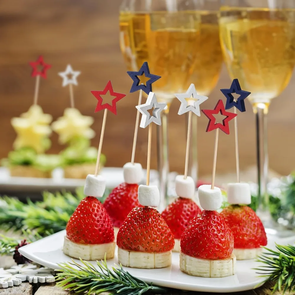 Mixed Red White Blue Star Cocktail Picks, 5.5 Inch Bamboo Toothpicks for Appetizers, Decorative Party Food Garnish Fruit Skewer Sticks 50 Counts - view 5