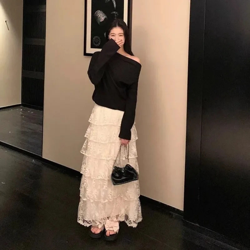 Women's Black Off-Shoulder Sweater And White Lace Tiered Maxi Skirt 2-Piece Set