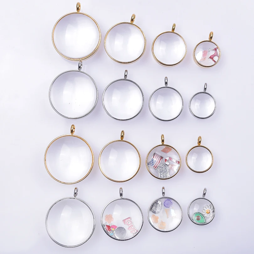 1Pc 15-30mm Glass Floating Double Curved Medallion Pendant Stainless Steel Diy Round Ashes Coin Holder Locket Colgantes Jewelry