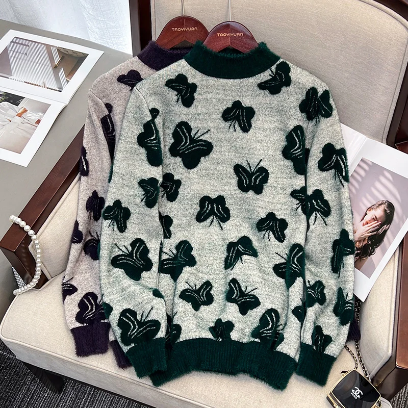 Women New Fashion Butterfly Elegant Wool Knitwear Autumn Winter Daily O-neck Loose Pullover Commute Thick Warm Soft Sweaters