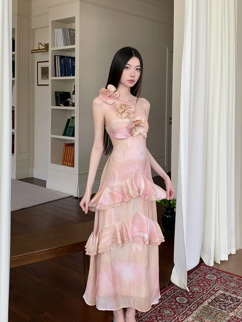 Vintage 3d floral tie-dye impressão sem costas rosa em camadas babados a linha vestido para mulher magro fada saia longa festa vestido de noite