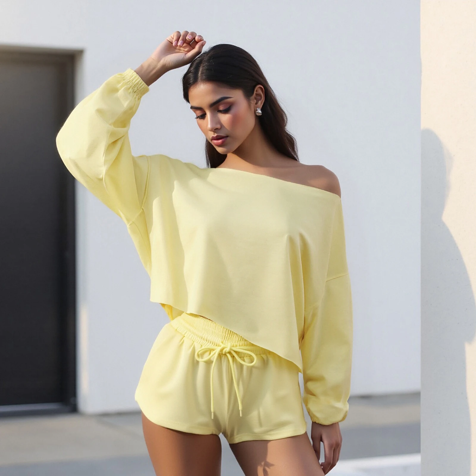 Women s 2 Pieces Outfits Off the Shoulder Long Sleeve Solid Color Tops and Shorts Set Sweatsuit