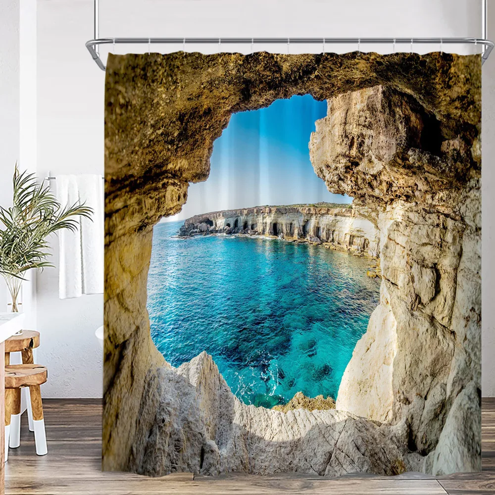 Natural Scenery Mountain Cave Shower Curtain Sea View Seagull Sunrise Nature Bathroom Decorations Bathtub Curtain with Hooks