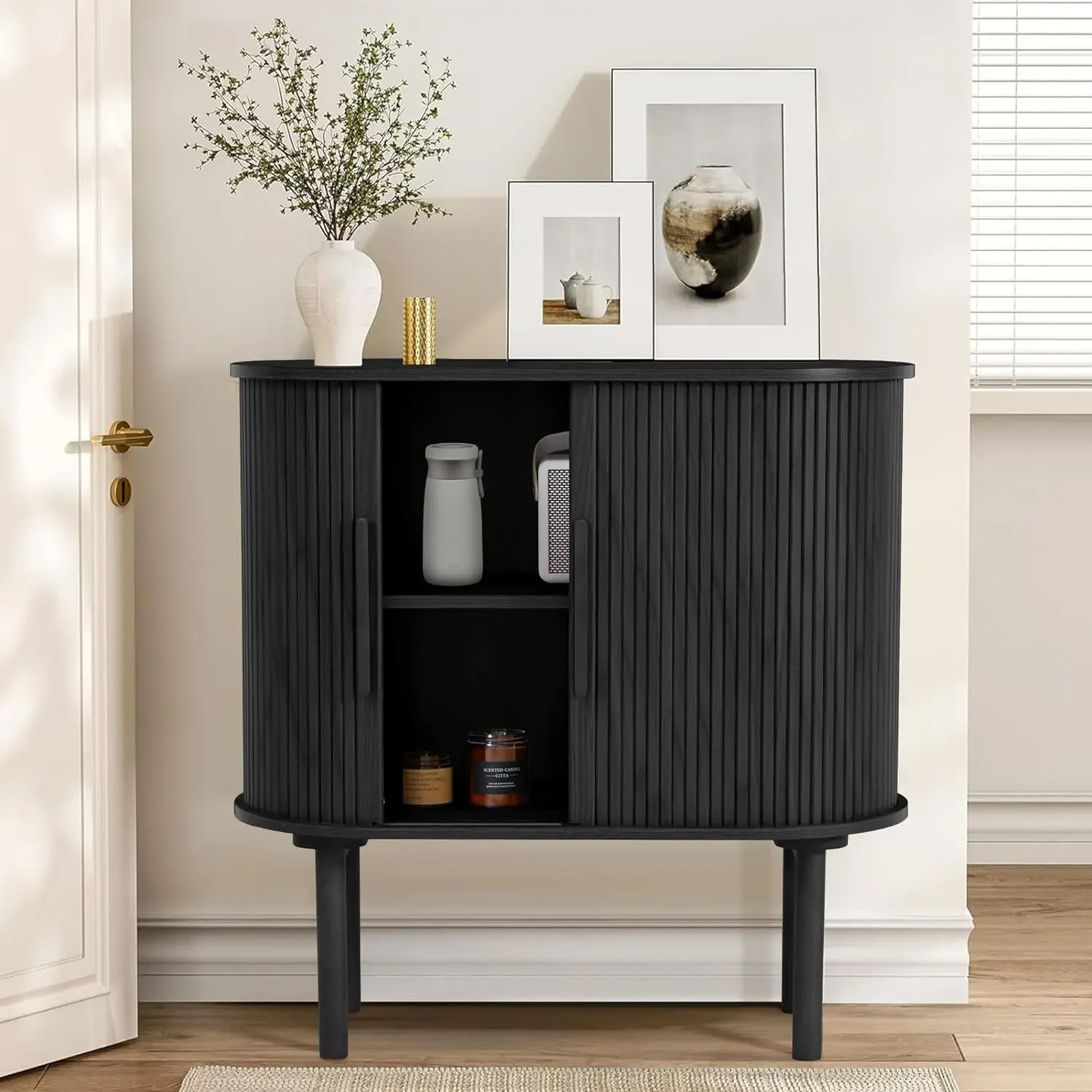 Modern Black Dining Room Cabinet Console Table Sideboard Buffet Credenza Storage Cabinet with Fluted Slide Doors