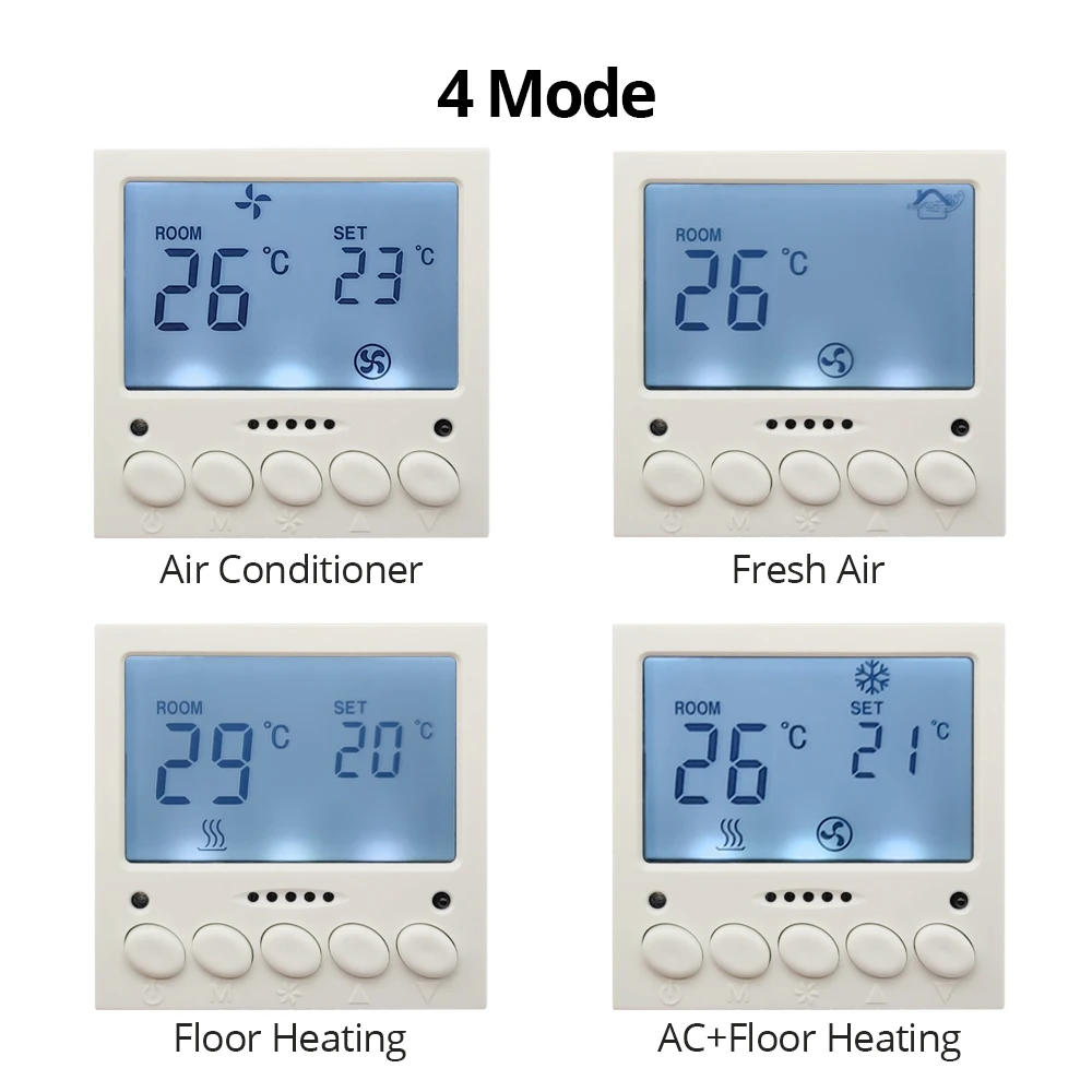 Wallpad Temperature Control Air Conditioner Thermostat Switch Floor Heating Fresh Air DC12V RS485 AC220V White Black LCD Display