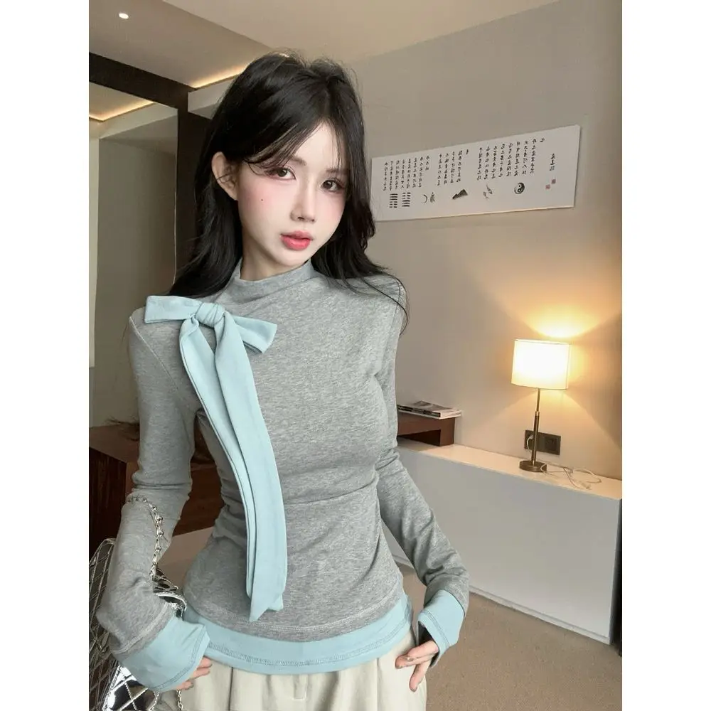 

2026 New Women Spring Autumn Slim-fit Blouse Tops Korean Style Bowknot Long Sleeve T-shirt Sweet T-shirt White Base Shirt