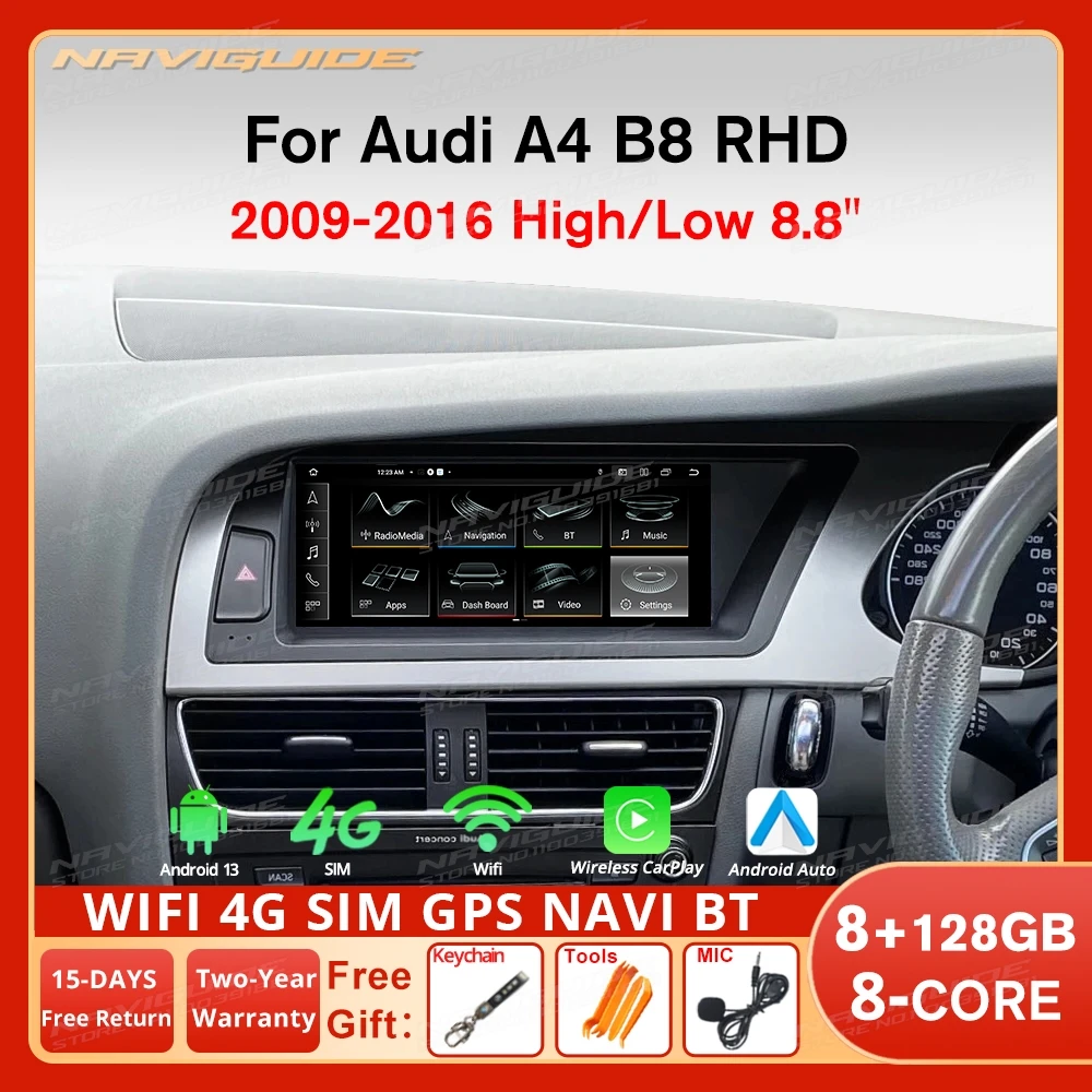 

NAVIGUIDE 8.8'' Android 13 Smart car systems For Audi A4 B8 RHD 2009-2016 Multimedia Player CarPlay Android Auto Screen 4G WIFI