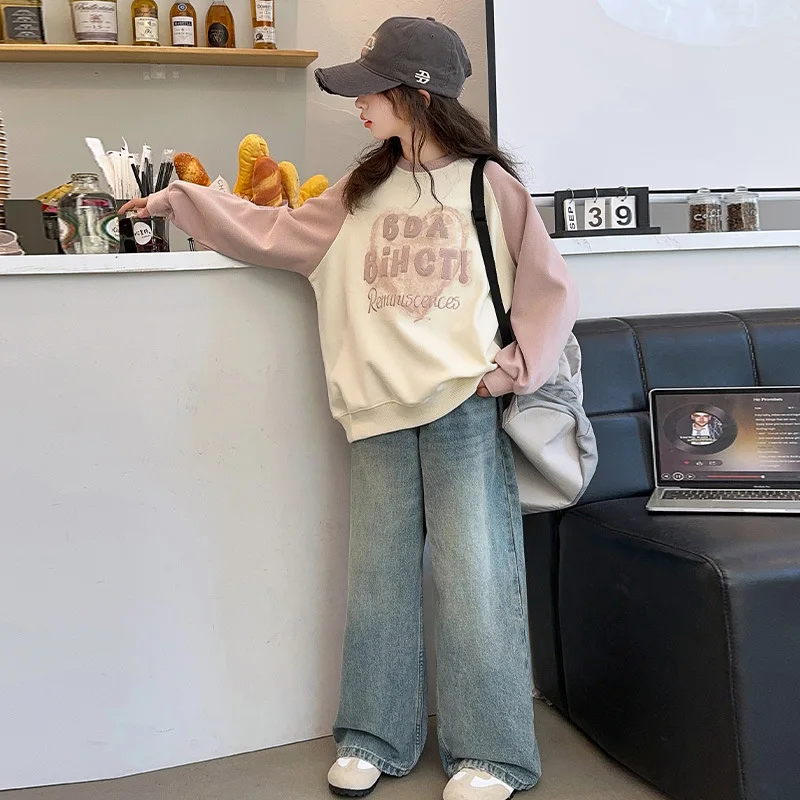 

School Girls Sweatshirt Autumn Letter Printed Splicing Color Children Girls Top Round Neck Versatile Teenager Girls Undershirt