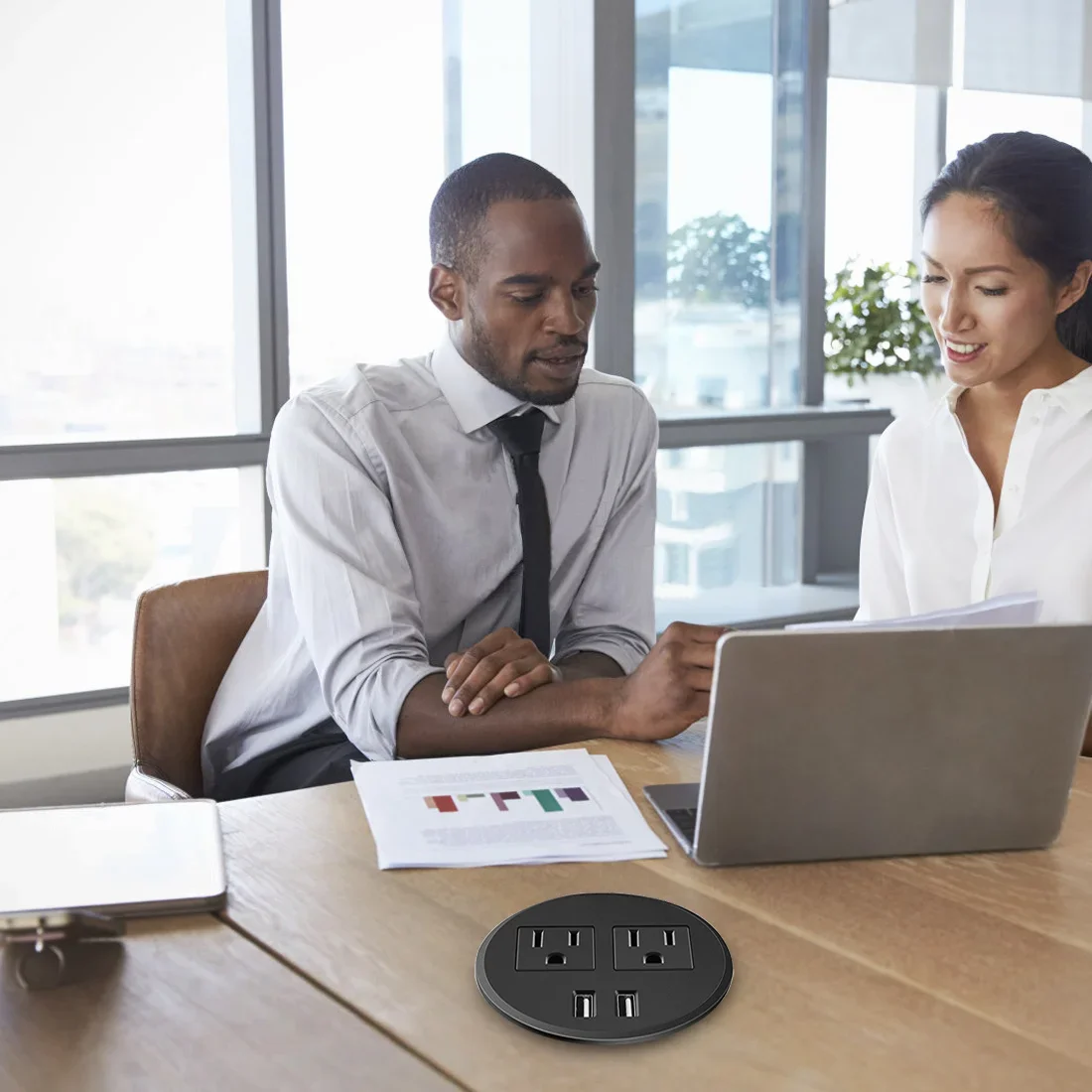 米国規格 ラウンドデスク用電源グロメット USBソケット 2ACコンセント 2USB /デスク穴 3.15インチ(80mm) 埋め込み式電源コンセント USBグロメット