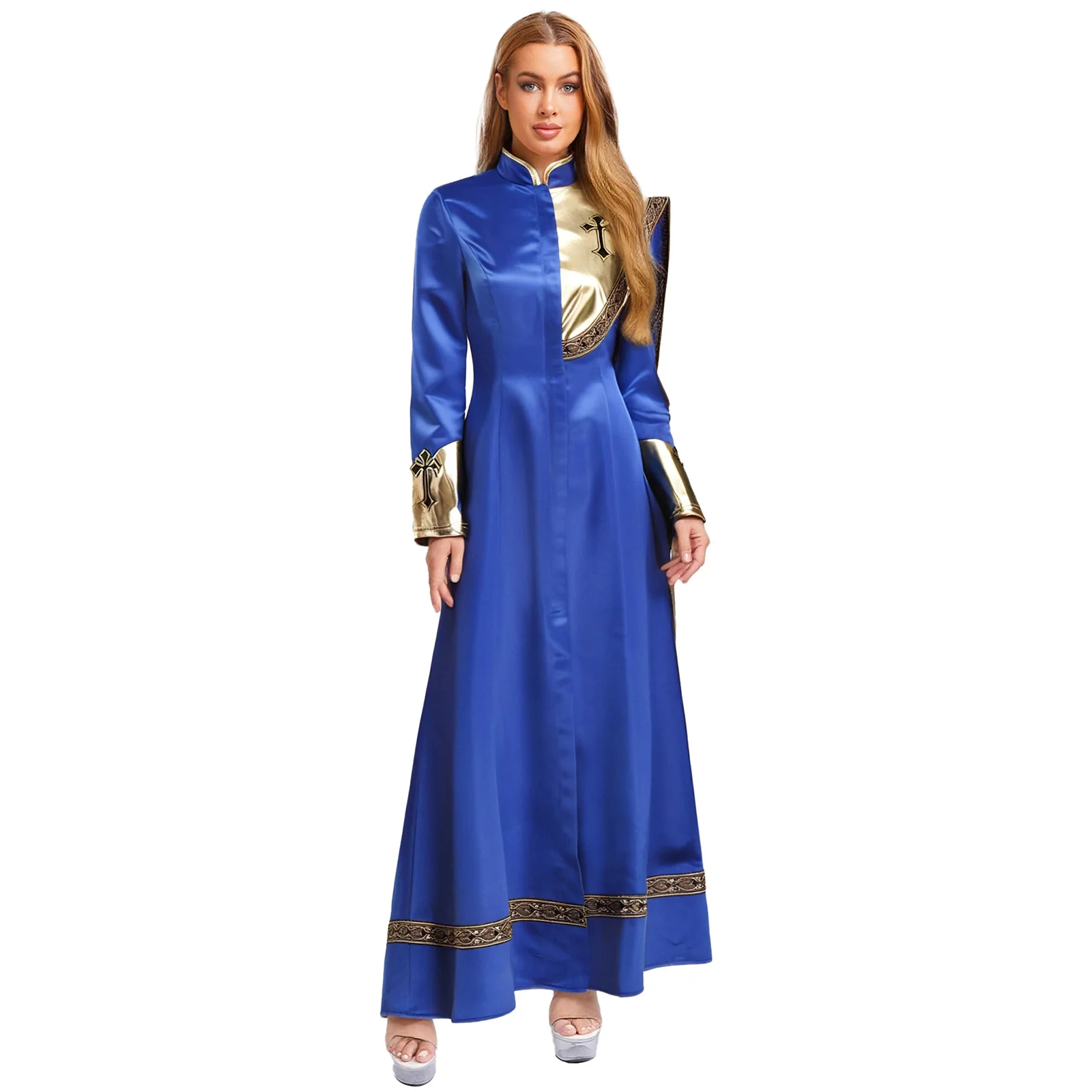 

Women Liturgical Churchman Worship Performance Long Robes Metallic Drape Dress for Halloween Carnival Priest Role Play Uniforms