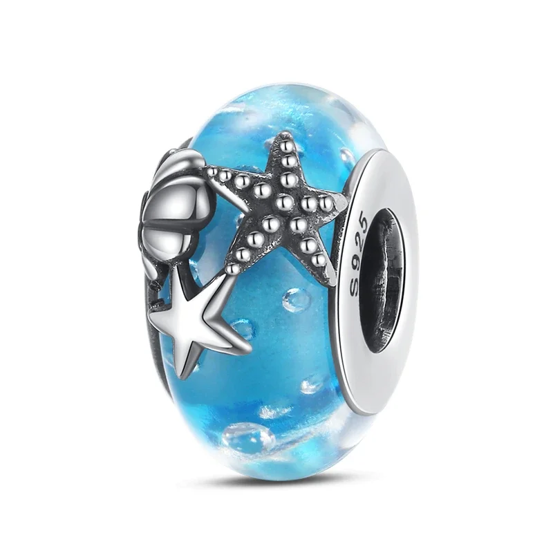 New Design 925 Sterling Silver Blue Ocean Starfish & Seashell Murano Glass Beads Charm Fit Pandora Bracelet Jewelry Wedding Gift