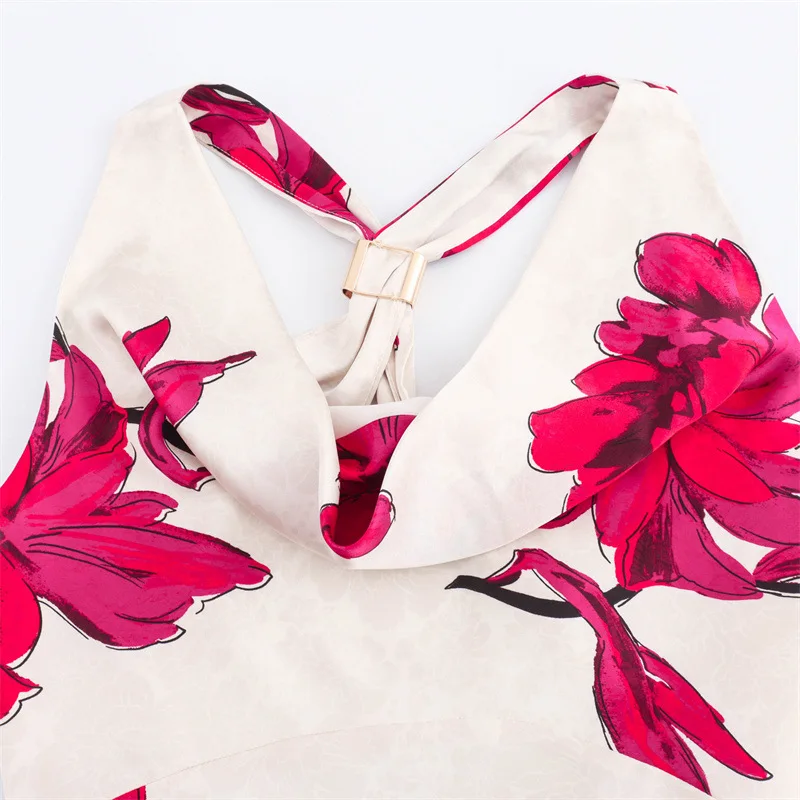 ملابس نسائية جديدة على الموضة الأوروبية والأمريكية فستان ميدي من الساتان الحريري المطبوع بالزهور