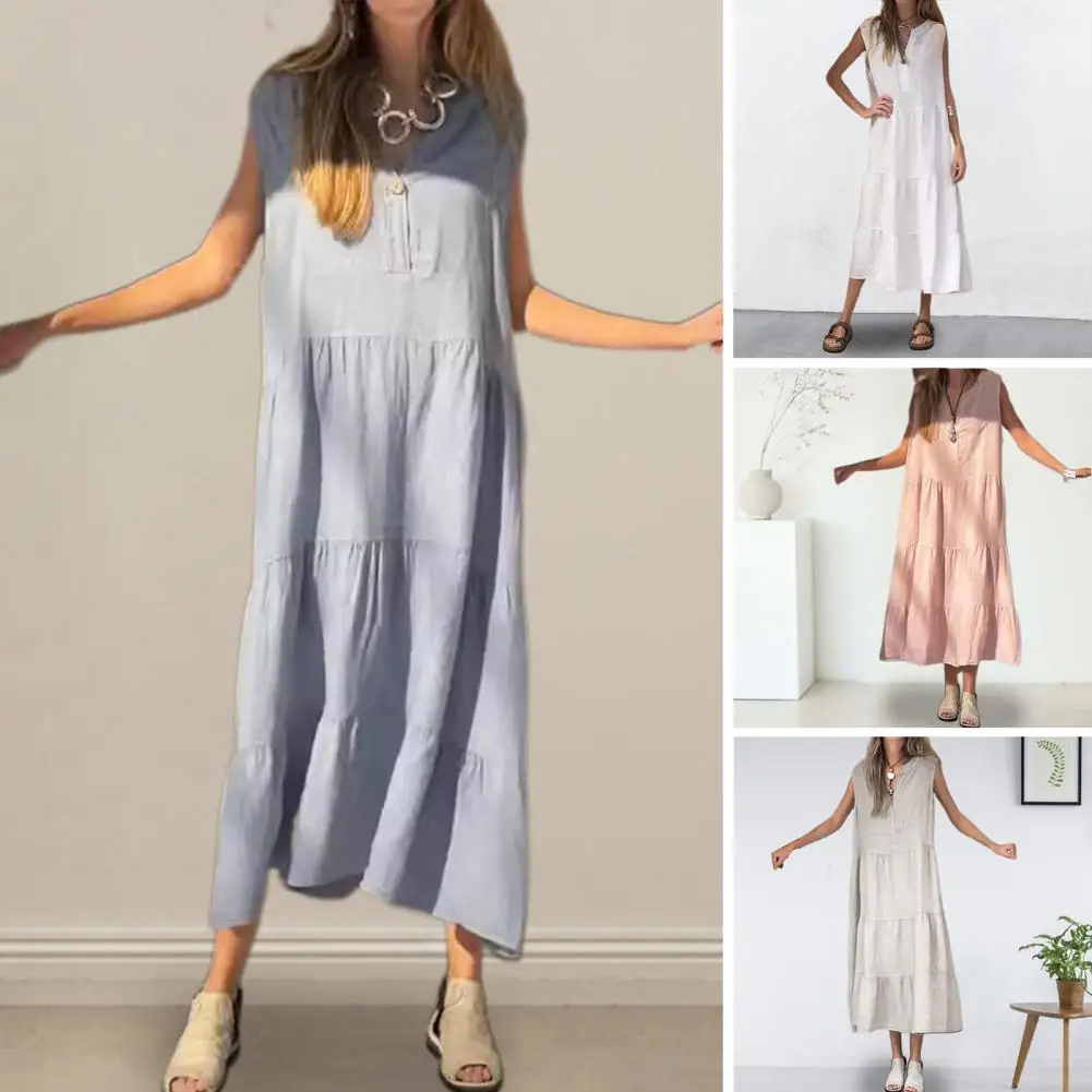 Maxi Dress Elegant V Neck Maxi Dress for Women Pleated Summer Dress Casual Daily Wear Solid Color Patchwork Women Maxi