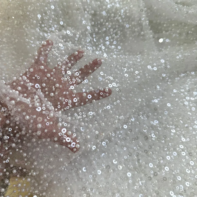 

Small Pearl Sequins Small Bead Lace Fabric for Wedding Dress Mesh Veil Design Perspective Cloth Diy By The Meter Sewing Material