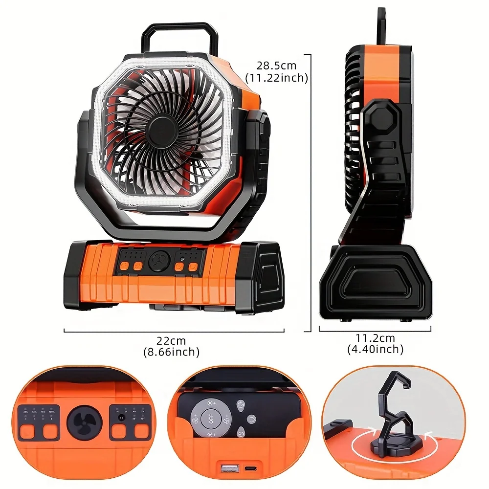 Portable USB Rechargeable Camping Fan with LED Light Strong Wind, Remote Control Fan for Outdoor Adventures Tents Picnics Travel