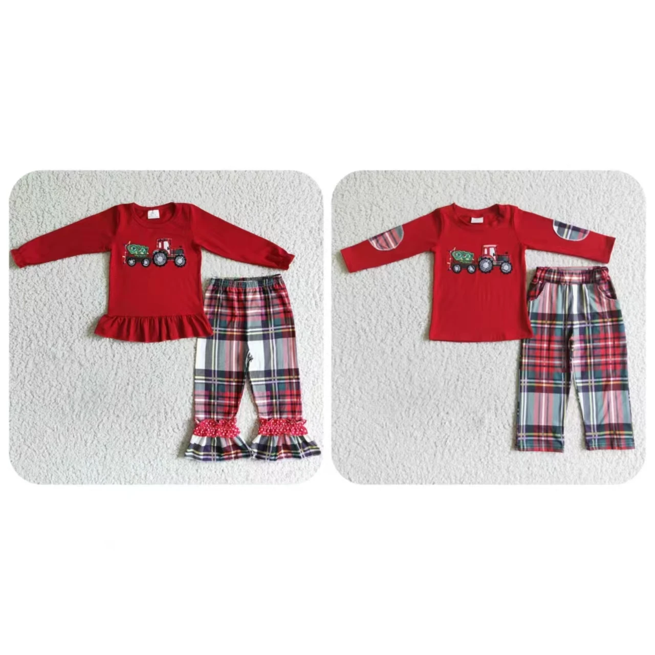 

Wholesale Boy Girl Christmas Tree Truck Clothing Embroidery Tops Children Red Cotton Set Plaid Pants Kids Outfit Infant Pajamas