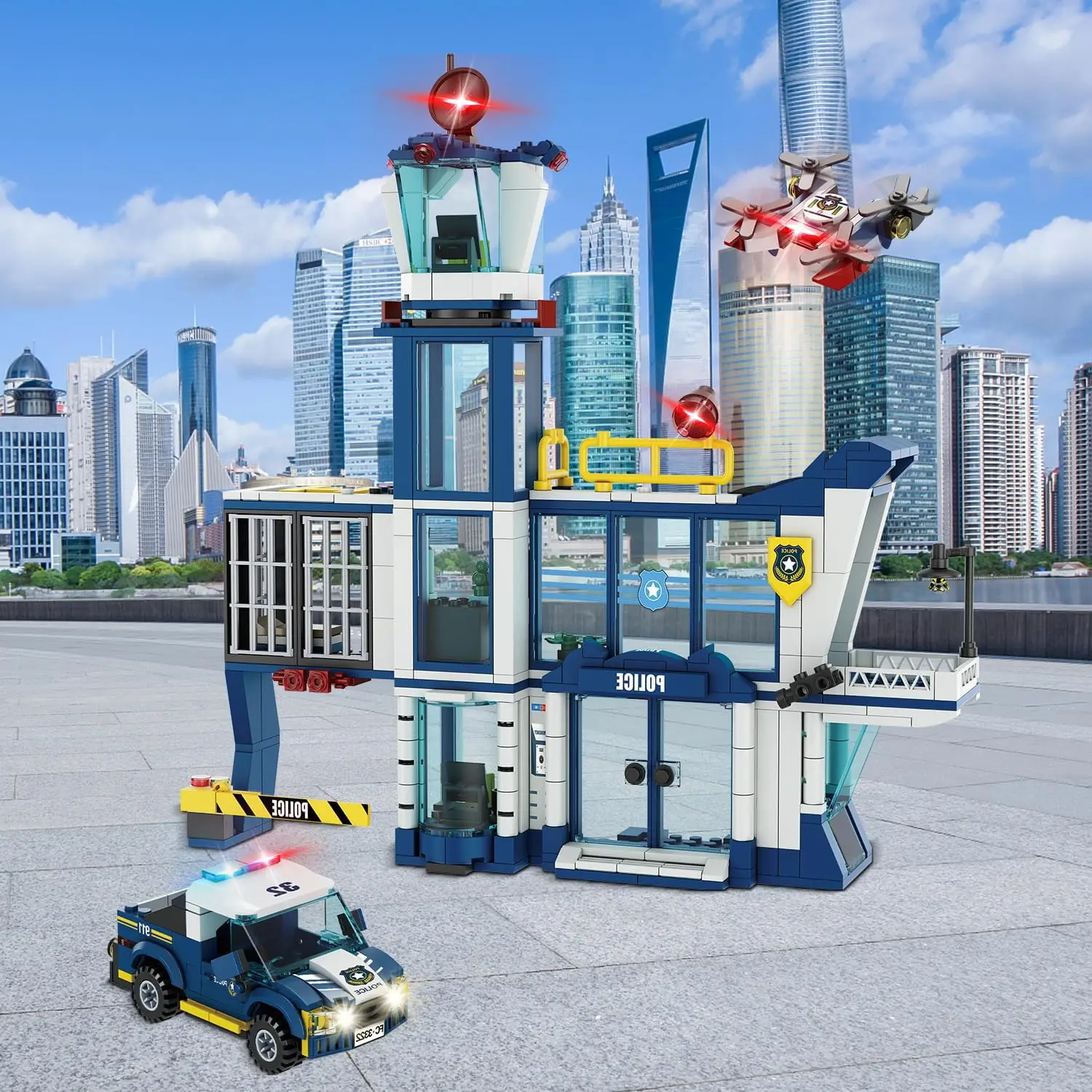 3 IN 1 City Police Station Building Blocks Toy STEM Set with Police Car Bandit Car Drone Bricks Toys for Kids 6+ years Boys Gift