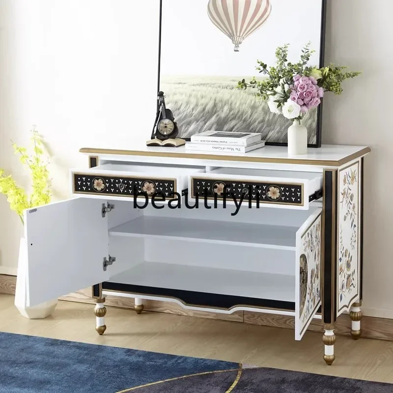 

D96 French Art Side Cabinet Solid Wood Painted Entrance Cabinet American Light Luxury Double Door Decorative Cabinet