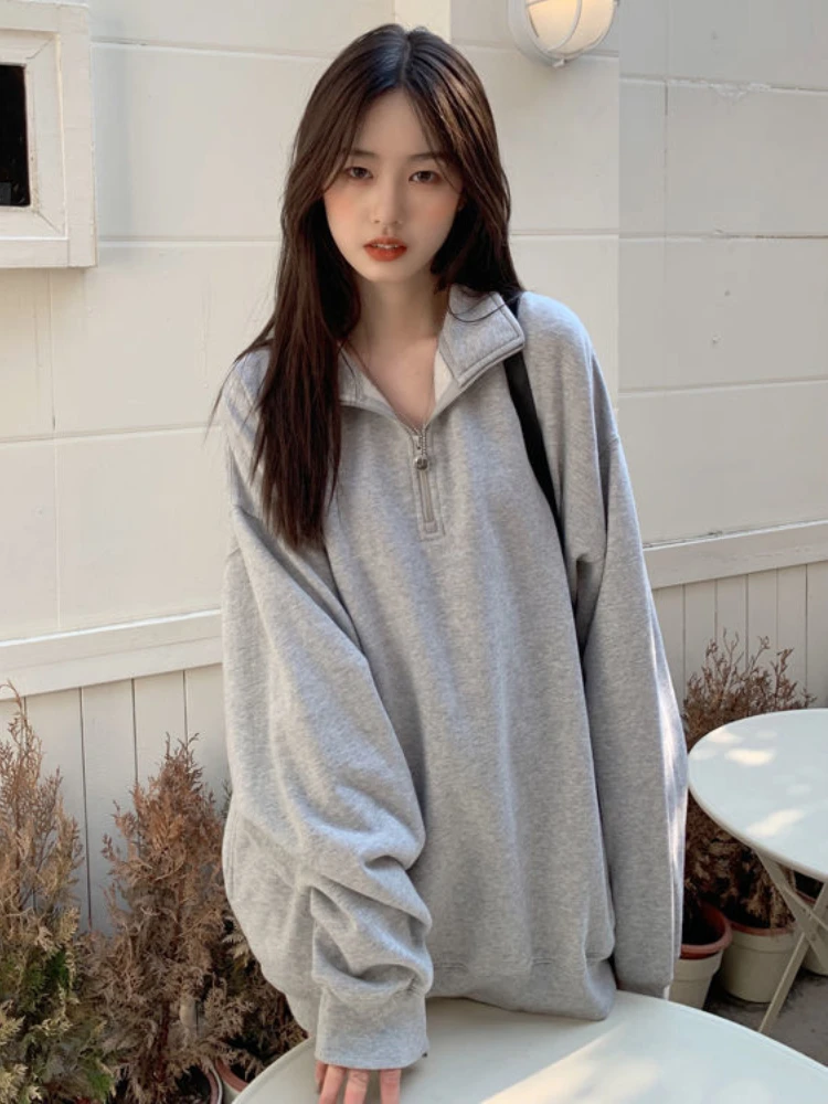 Deeptown Korean Fashion Gray Oversized Sweatshirts Women Harajuku Zip Up Hoodie Vintage Loose Casual Polo Collar Pullover Tops