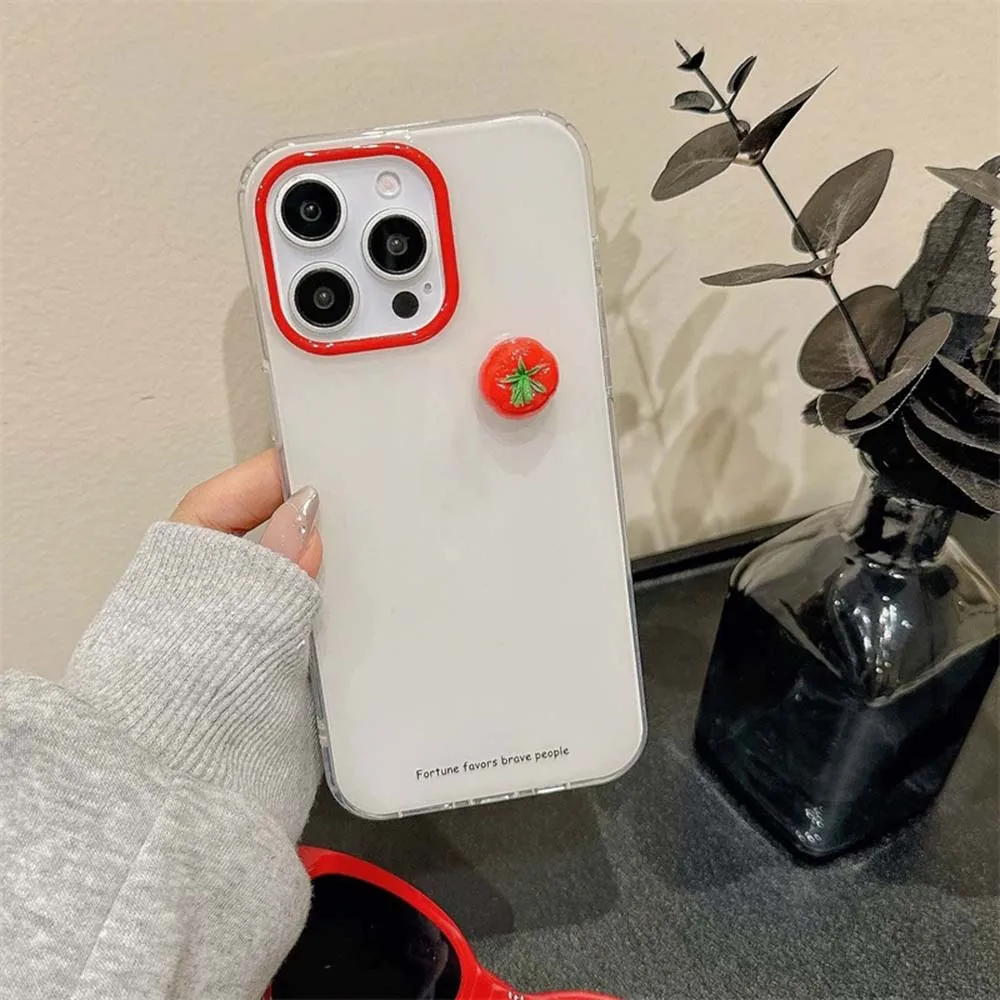 Large hole transparent solid color simple English phone case with three-dimensional tomato for iPhone 11 12 13 14 15 16 pro max