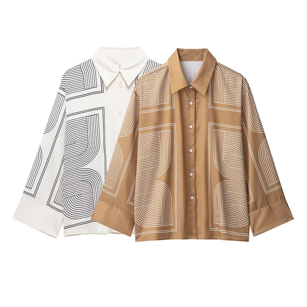 Stampa di linee geometriche simmetriche e strisce Camicia ampia semplice e versatile drappeggiata setosa in stile europeo e americano