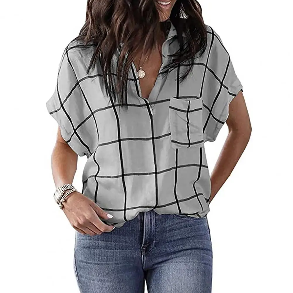 

V Neck Women Shirt Short Sleeve Loose Fit Anti-pilling Summer Plaid Print Patch Pocket Casual Shirt Streetwear Женская Рубашка