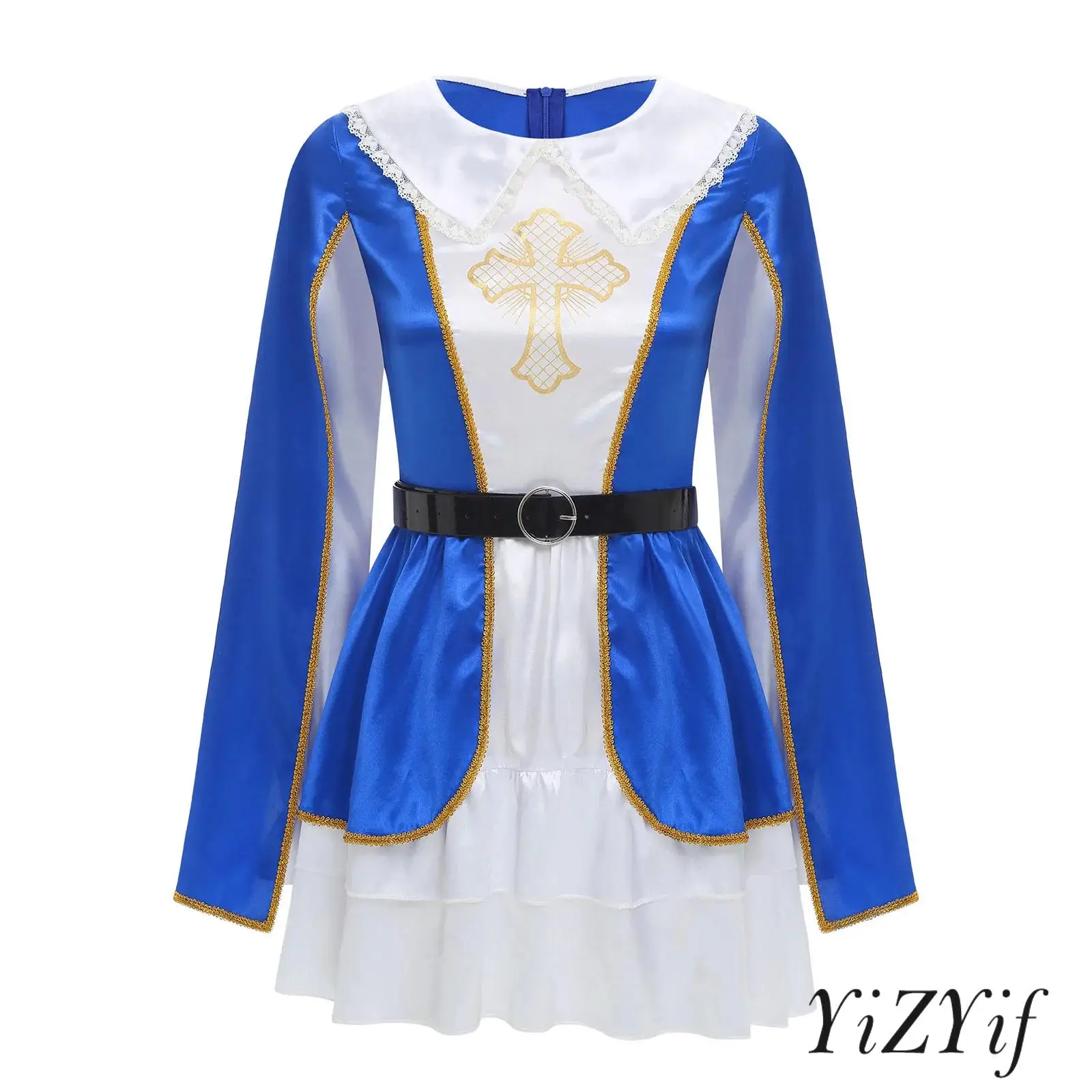 

Womens Vintage Inspired Musketeer Cosplay Dress with Overlay Tiered Hem And Waist Belt Perfect for Halloween And Themed Parties
