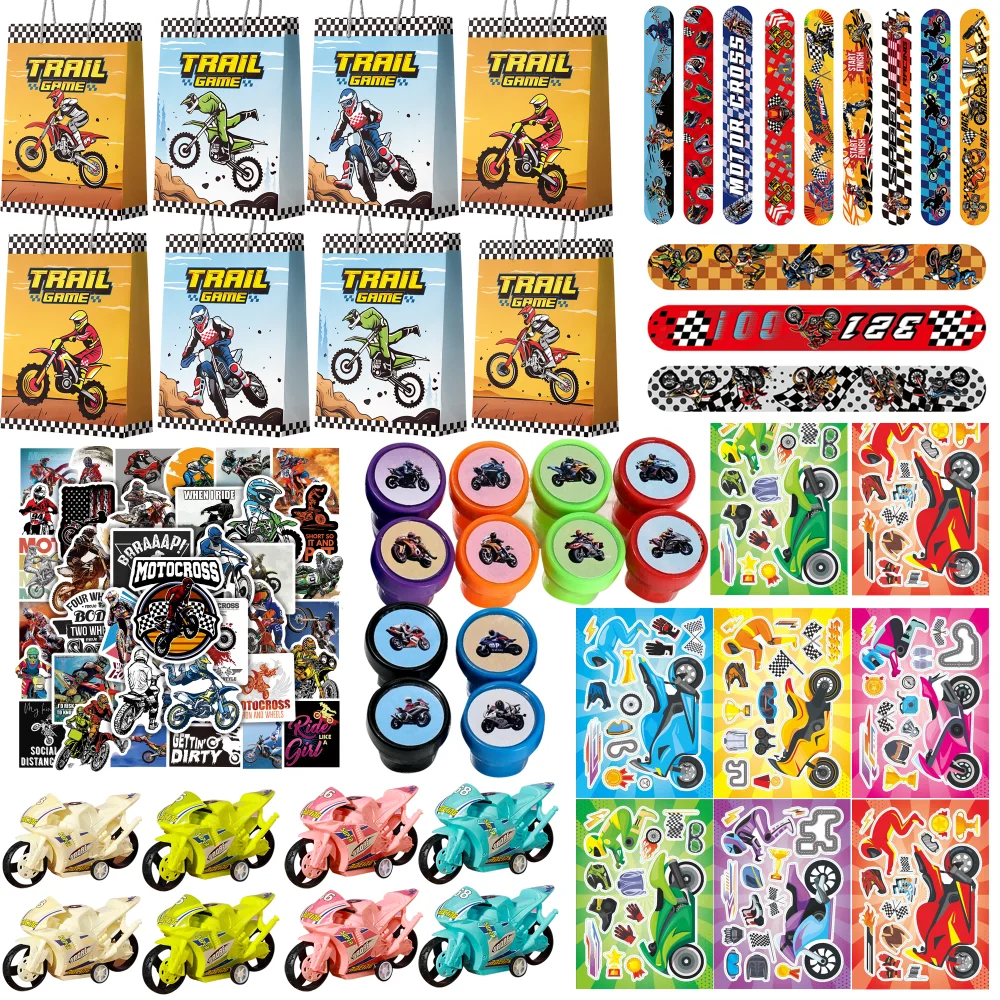 

Motorcycle Party Favors,110pcs Motocross Party Favors-Dirtbike Goodie Bag Slap Bracelets Stampers etc Motocross Birthday Favors