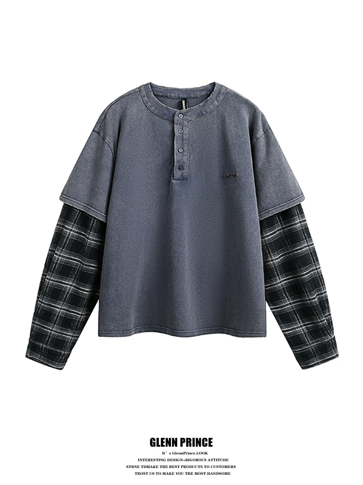 

GPstudio American Retro Plaid Patchwork Fake Two-Piece Henry Collar Long Sve T-irt Men's Spring New Sle Loose Fit Fa...