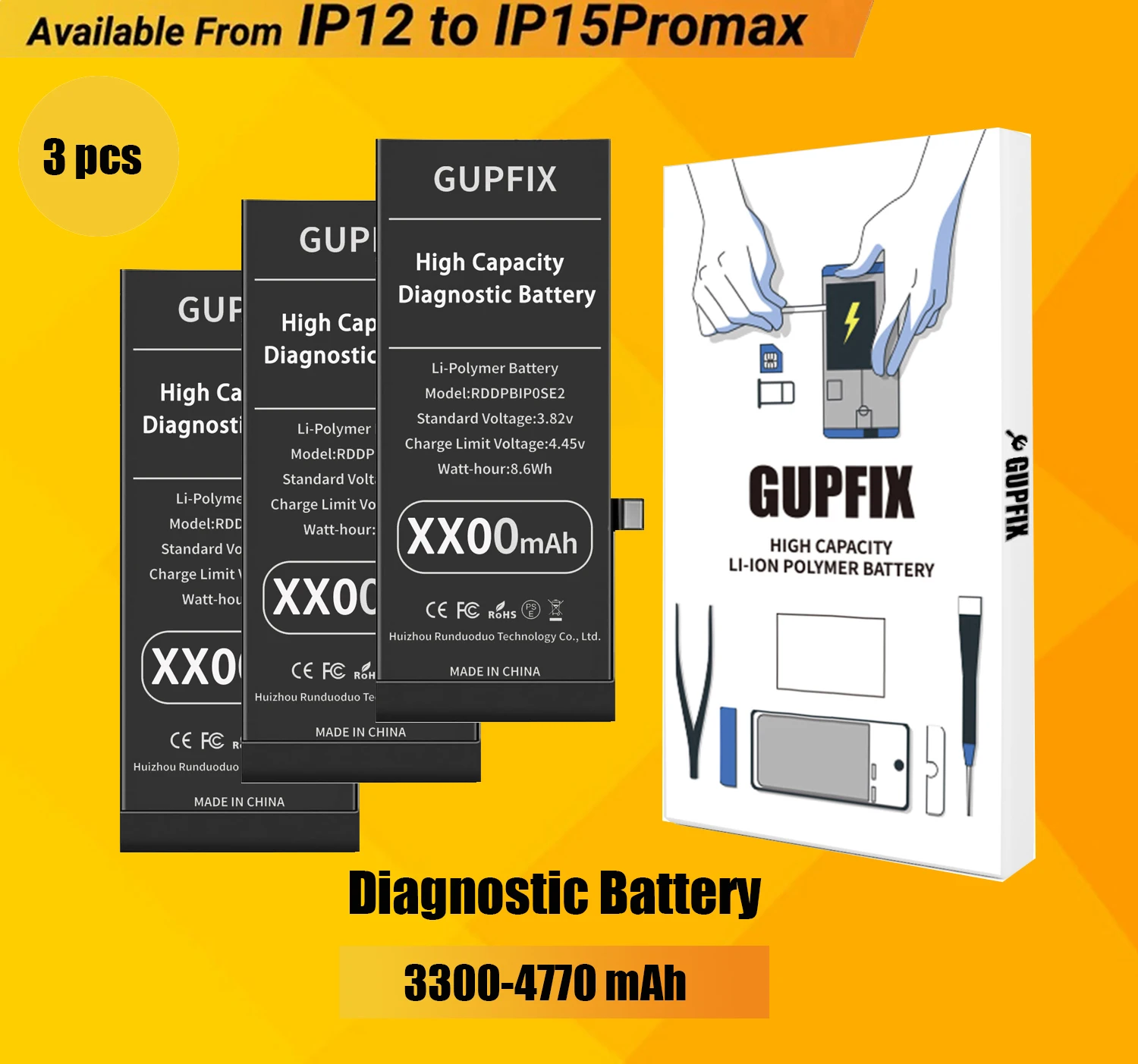

GUPFIX 3 шт. диагностическая замена аккумулятора большой емкости для iPhone 12 12Pro Max 13 13 pro 14 14Plus 15Pro max без набора инструментов