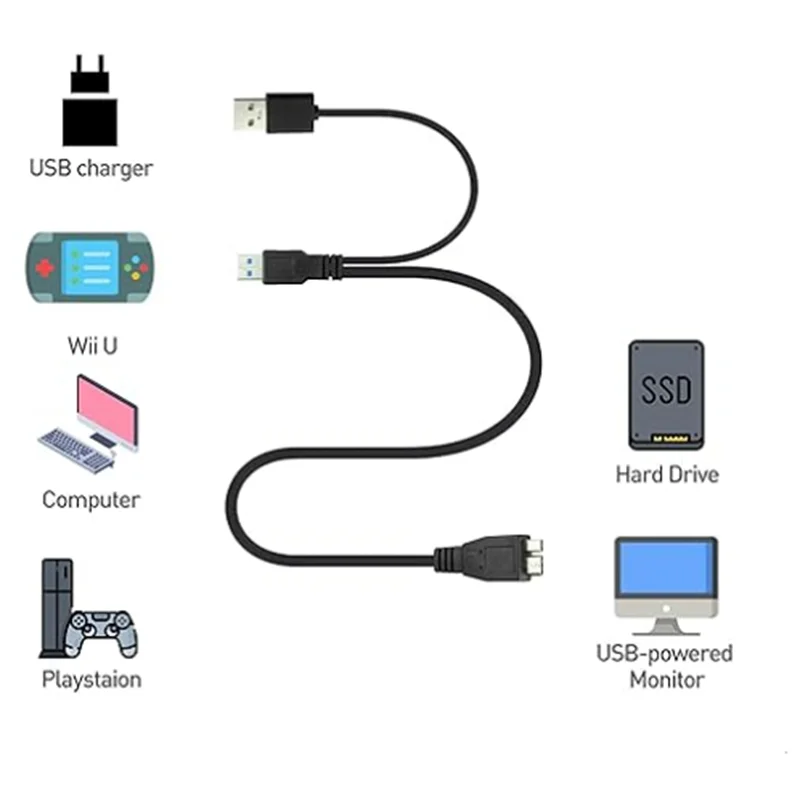 USB 3.0 Type-A Micro B to Dual Type-A Extra Power Y Cable Two A Male to USB Male for External Hard Disk Super Speed 5Gbps