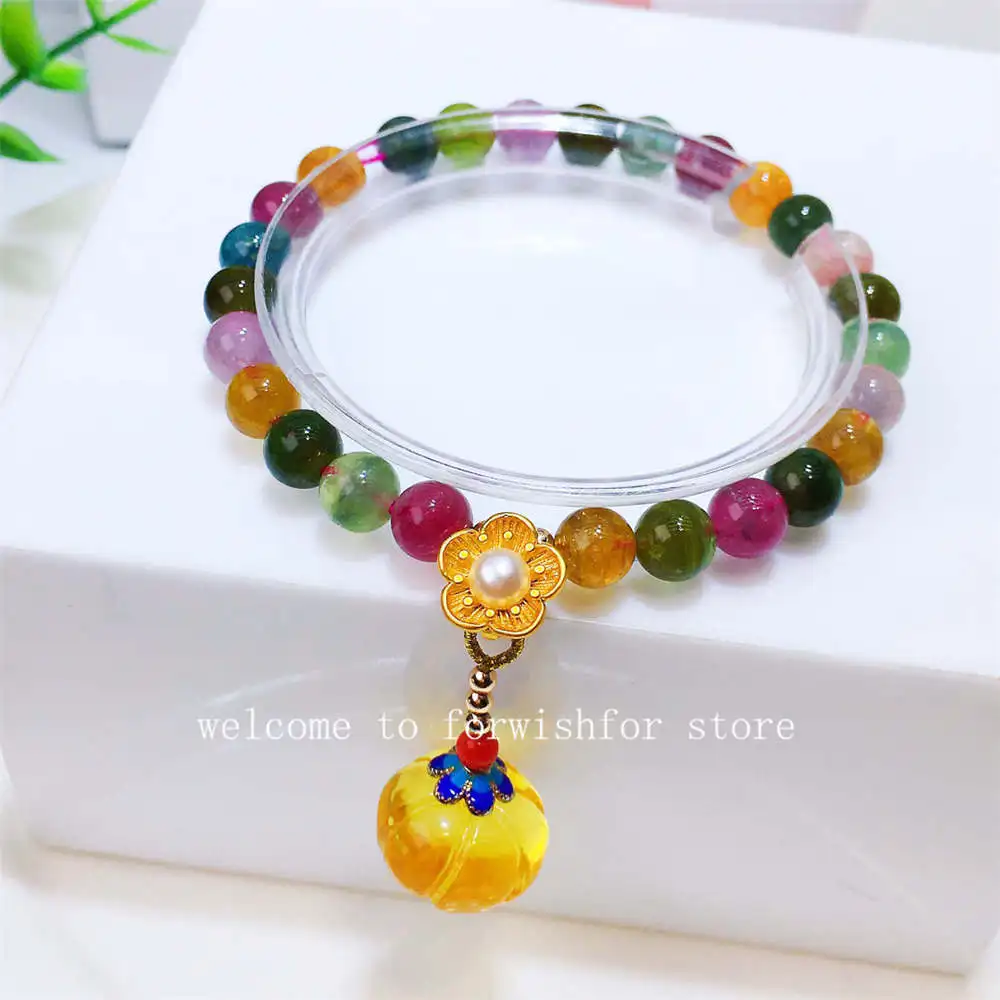 7mm Natural Watermelon Tourmaline Bracelet Beaded Pumpkin Pendant Give A Real Crystal For Classy Women