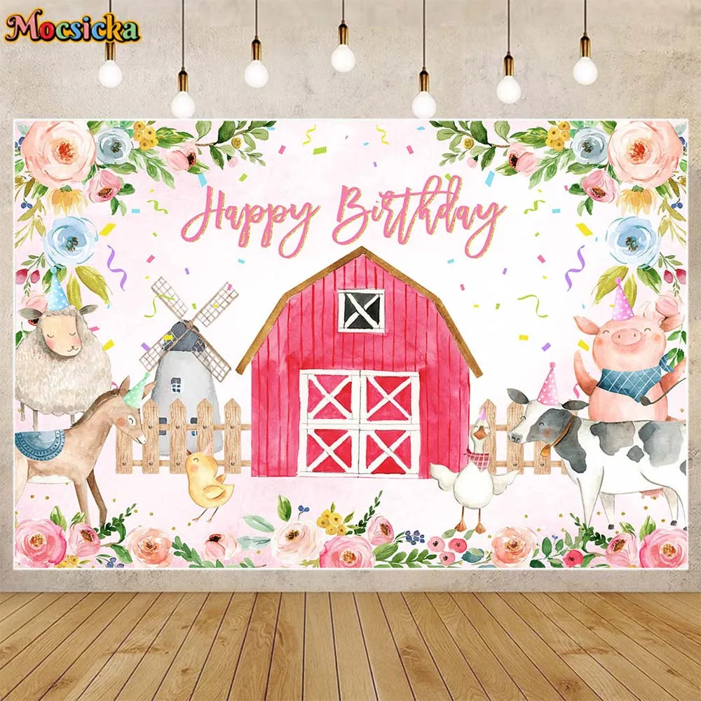 

Mocsicka Farm Birthday Backdrop Red Barn Animals Flower Girl Birthday Party Decor Photo Background Studio Photocall Props Custom