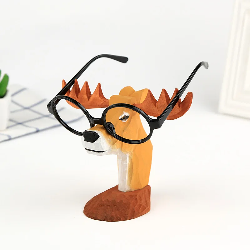 Drewniana figurka zwierzątko haczyki okularowe stojak ręcznie Carve żyrafa papuga Cock okulary uchwyt okularów Office Home Decor