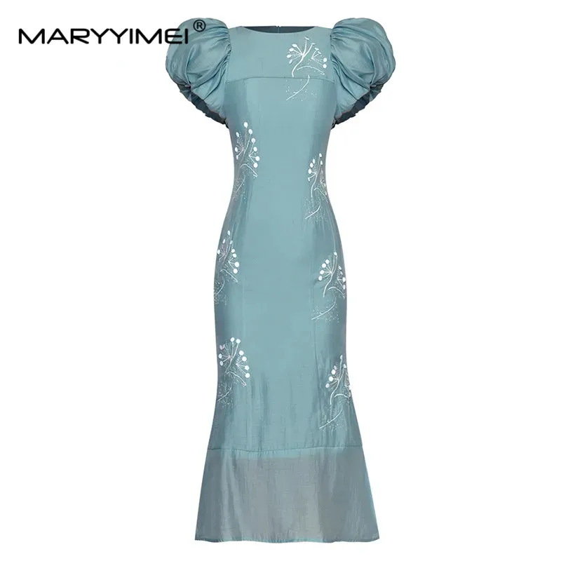 

MARYYIMEI Fashion Runway dress Summer Women Dress Sky Blue O-Neck Puff Sleeve Sequins Beading Buttock Covering Fishtail Dress