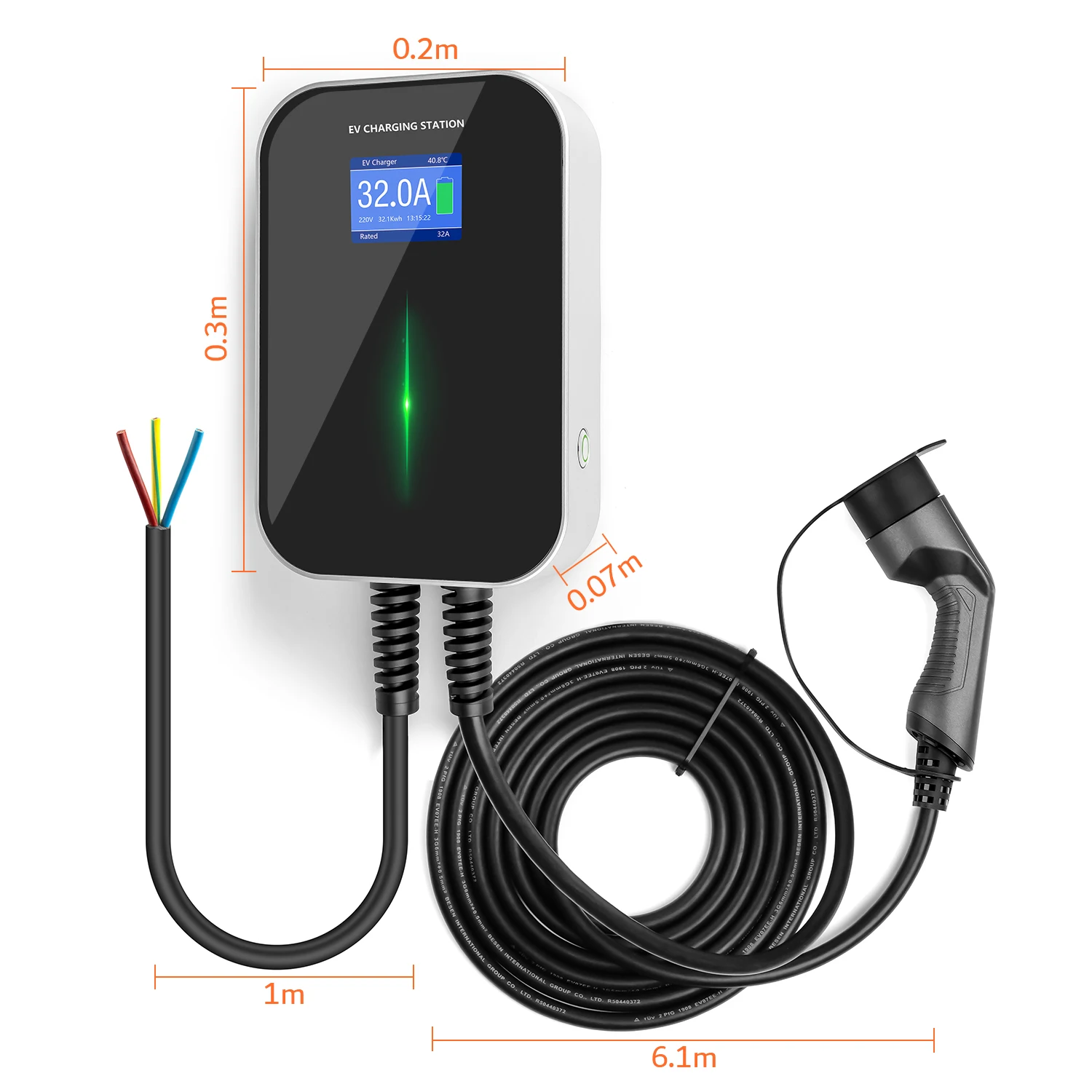 32A 7KW EVSE Wallbox EV Charger Electric Vehicle Charging Station Type 2 1 Phase 7M Cable IEC 62196-2 IP66 Waterproof