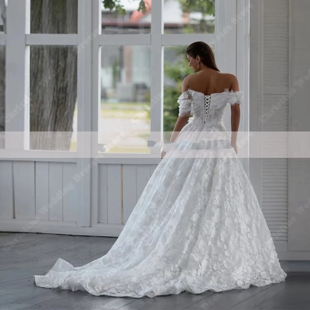 공식적인 행사를위한 오프 숄더 여성 웨딩 드레스 레이스 프린트 a 라인 가운 길이 베스 티드 드 노비아스 맞춤 제작