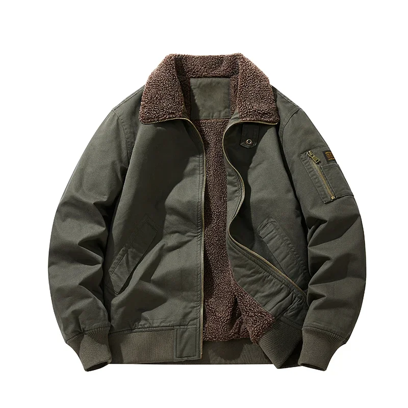 

Vintage Thick Wool Parka Fur Collar Men's Winter Washed Cotton Fleece-lined Warm Work Jacket Outdoor Camping Hunting Velvet Coat