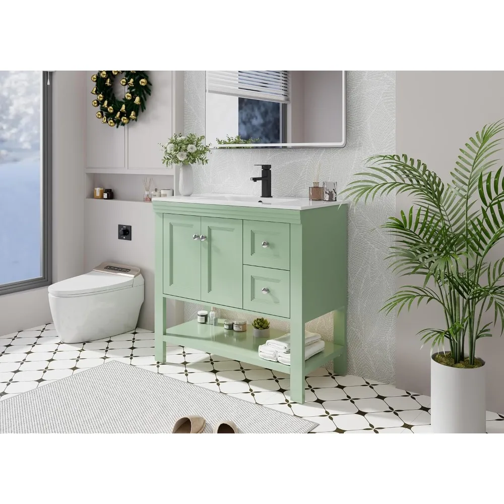 Tocador de baño de 36 pulgadas con combinación de lavabo, mueble de tocador pintado con estante de almacenamiento de apertura amplia, 2 cajones, desagüe para grifo de fregadero bajo montaje