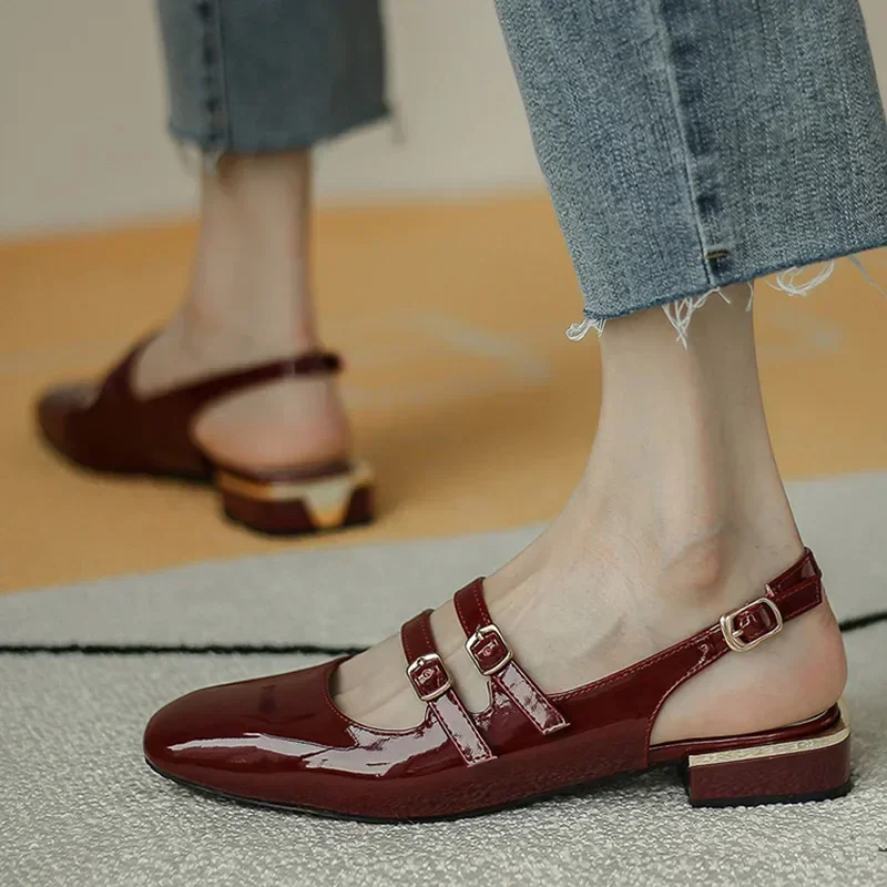 Women Sandals Summer Shoes Woman Flats Double Buckle Mary Janes Shoes Patent Leather Dress Shoes Back Strap Zapatos Mujer