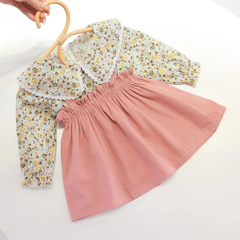 2023 Sweet Spring Autumn Girls Kids Princess Dress Broken flower Long Sleeve Faux Two Pieces Children Baby Infants Bow Dresses